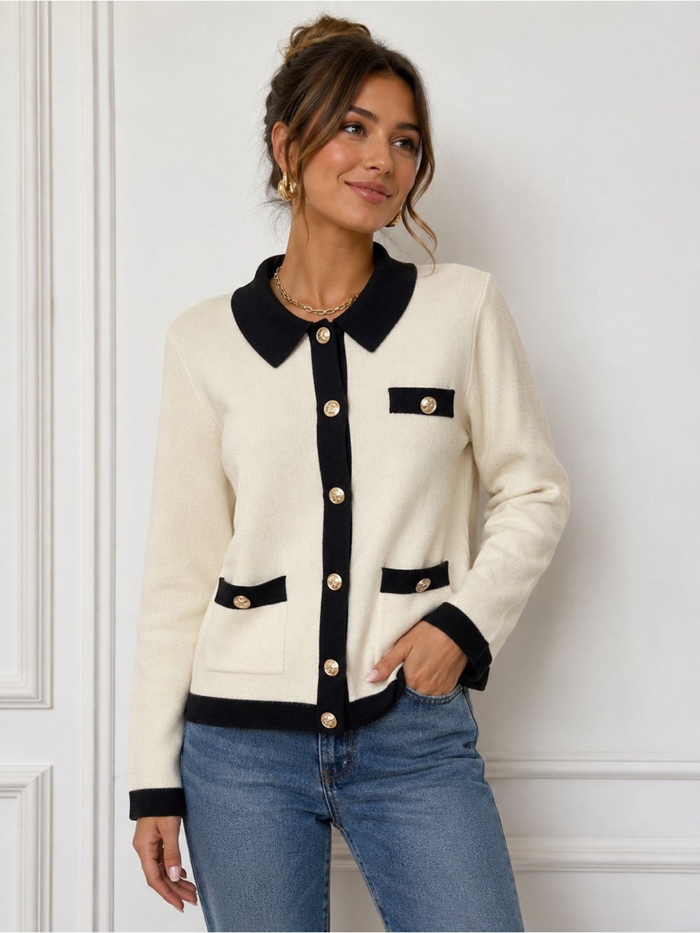 Endless Rose Cream Cardigan with Black Contrast Trim & Gold Buttons
